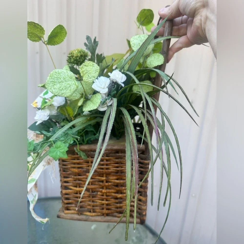 Farmhouse handmade White and Green Faux Floral Arrangement wicker basket